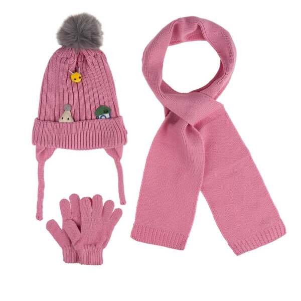 Kitti Bebe Kız Atkı Bere Eldiven Takım (1-4 Yaş) K24160-03 Pembe - Kitti