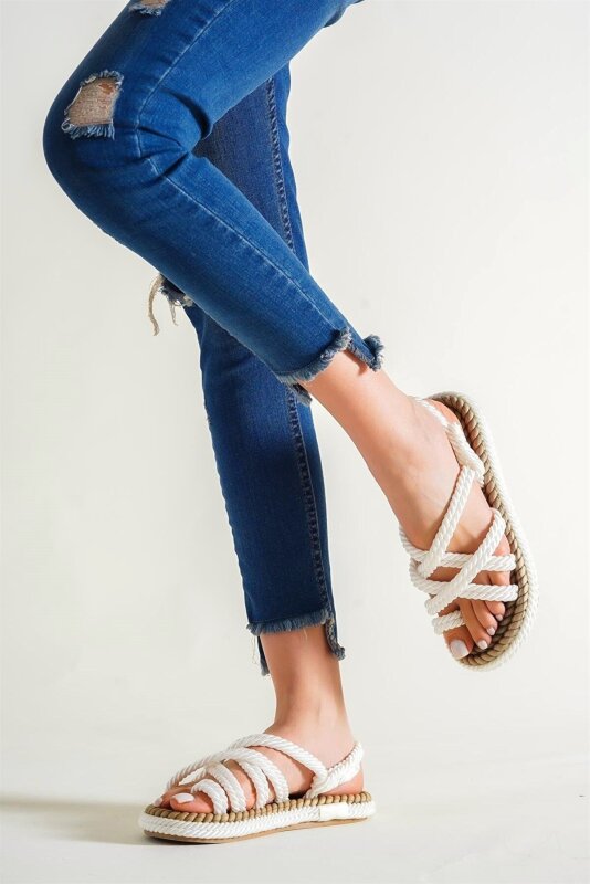 Artico Azuras Beyaz Çapraz Bantlı Halat Sandalet - Artico