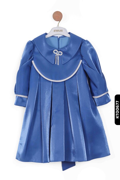 Devrik Yakalı Büzgü Kollu Katlanmış Kemersizli Kız Çocuk Elbise 3-10 Yaş 921 Mavi - 1