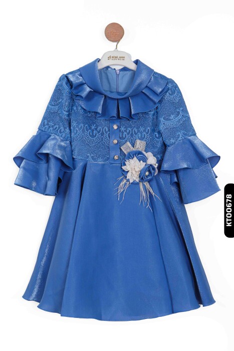 Degaje Fırfır Yakalı Fırfır Kollu Aplikeli Kız Çocuk Elbise 3-10 Yaş 903 Mint - 1