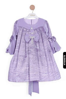 Bohçalı O Yakalı Büzgü Kollu Katlanmış Kız Çocuk Elbise 3-10 Yaş 923 Mor - BEBEJODI