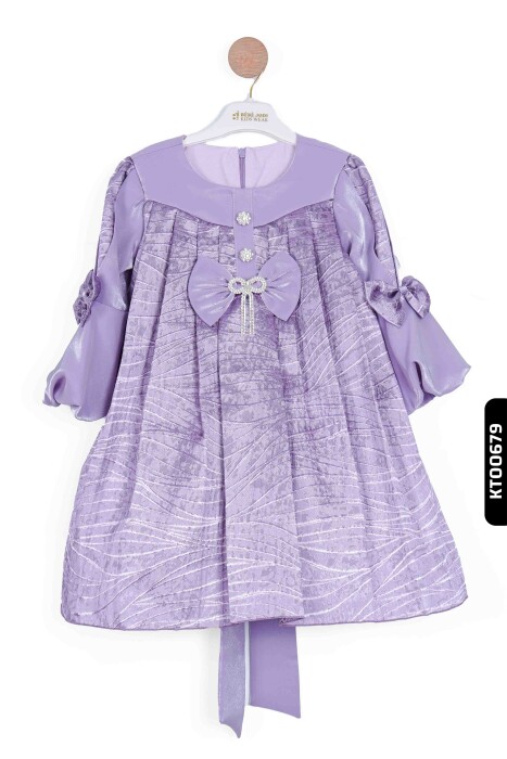 Bohçalı O Yakalı Büzgü Kollu Katlanmış Kız Çocuk Elbise 3-10 Yaş 923 Mor - 1