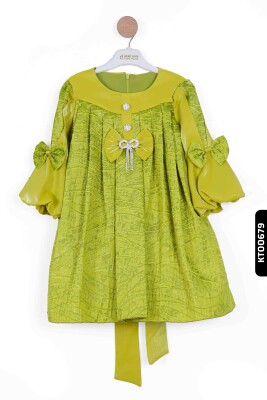 Bohçalı O Yakalı Büzgü Kollu Katlanmış Kız Çocuk Elbise 3-10 Yaş 923 Yeşil - BEBEJODI