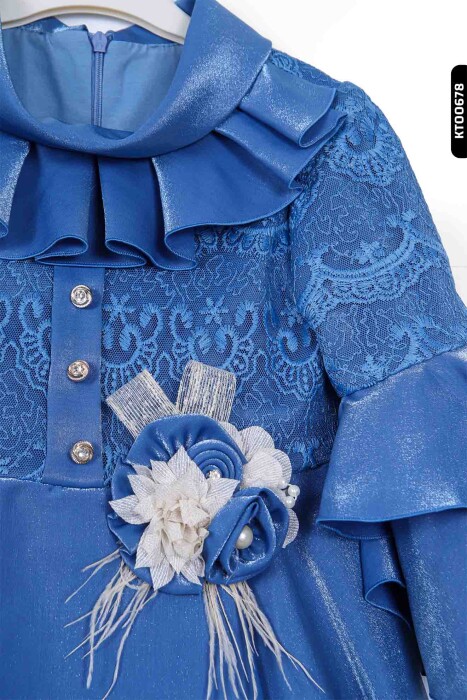 Degaje Fırfır Yakalı Fırfır Kollu Aplikeli Kız Çocuk Elbise 3-10 Yaş 903 Mint - 3