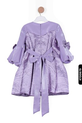 Bohçalı O Yakalı Büzgü Kollu Katlanmış Kız Çocuk Elbise 3-10 Yaş 923 Mor - 2