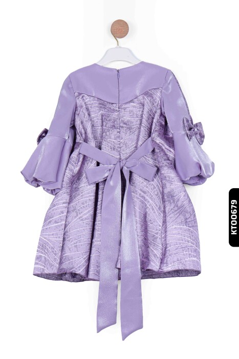 Bohçalı O Yakalı Büzgü Kollu Katlanmış Kız Çocuk Elbise 3-10 Yaş 923 Mor - 2