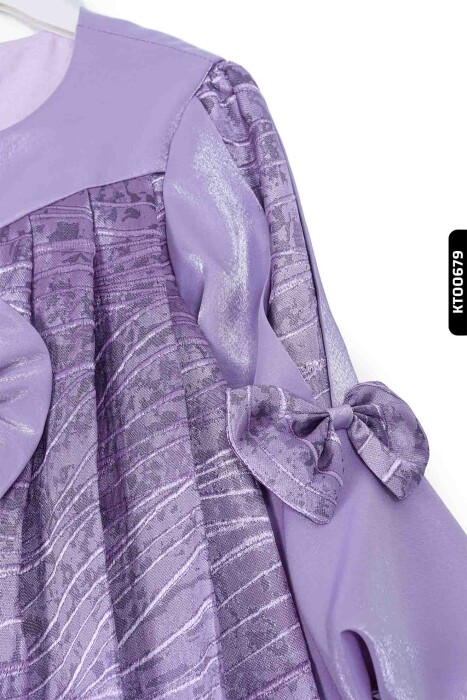 Bohçalı O Yakalı Büzgü Kollu Katlanmış Kız Çocuk Elbise 3-10 Yaş 923 Mor - 3