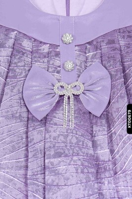 Bohçalı O Yakalı Büzgü Kollu Katlanmış Kız Çocuk Elbise 3-10 Yaş 923 Mor - 4