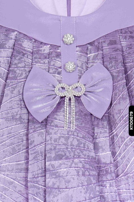 Bohçalı O Yakalı Büzgü Kollu Katlanmış Kız Çocuk Elbise 3-10 Yaş 923 Mor - 4