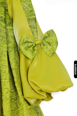 Bohçalı O Yakalı Büzgü Kollu Katlanmış Kız Çocuk Elbise 3-10 Yaş 923 Yeşil - 3