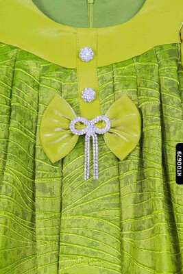 Bohçalı O Yakalı Büzgü Kollu Katlanmış Kız Çocuk Elbise 3-10 Yaş 923 Yeşil - 4