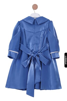 Devrik Yakalı Büzgü Kollu Katlanmış Kemersizli Kız Çocuk Elbise 3-10 Yaş 921 Mavi - 2