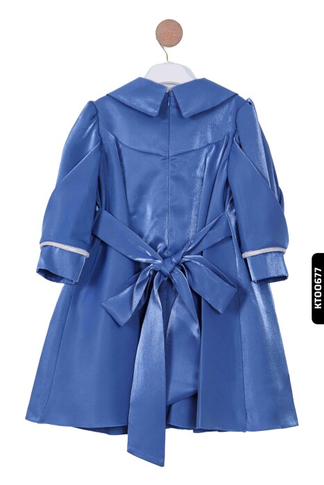 Devrik Yakalı Büzgü Kollu Katlanmış Kemersizli Kız Çocuk Elbise 3-10 Yaş 921 Mavi - 2