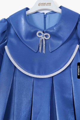 Devrik Yakalı Büzgü Kollu Katlanmış Kemersizli Kız Çocuk Elbise 3-10 Yaş 921 Mavi - 3