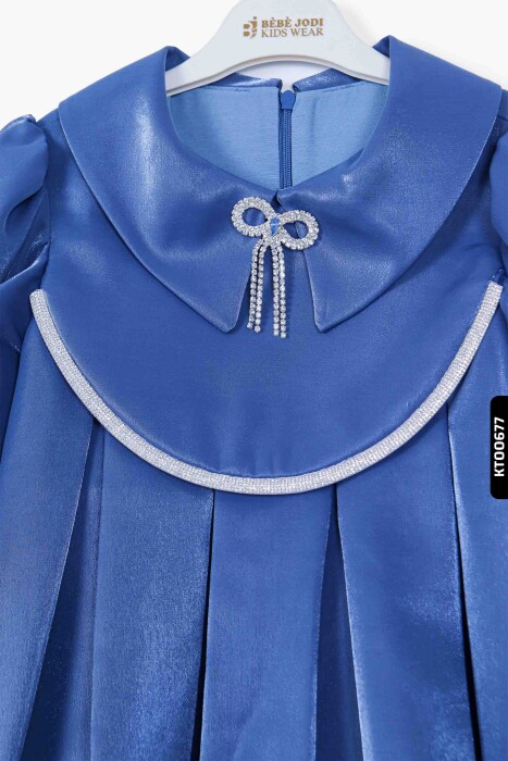 Devrik Yakalı Büzgü Kollu Katlanmış Kemersizli Kız Çocuk Elbise 3-10 Yaş 921 Mavi - 3