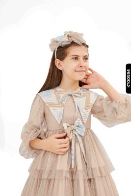 Bohçalı Dantel Yakalı Fırfırlı Mendil Kollu 3'lü Kız Çocuk Elbise 4-12 Yaş 6501 Kahverengi - 3