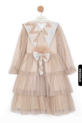 Bohçalı Dantel Yakalı Fırfırlı Mendil Kollu 3'lü Kız Çocuk Elbise 4-12 Yaş 6501 Kahverengi - 4