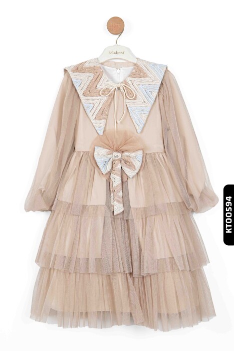 Bohçalı Dantel Yakalı Fırfırlı Mendil Kollu 3'lü Kız Çocuk Elbise 4-12 Yaş 6501 Kahverengi - 4