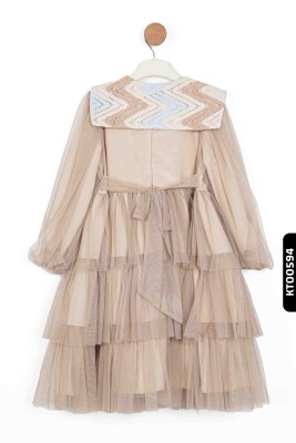 Bohçalı Dantel Yakalı Fırfırlı Mendil Kollu 3'lü Kız Çocuk Elbise 4-12 Yaş 6501 Kahverengi - 5