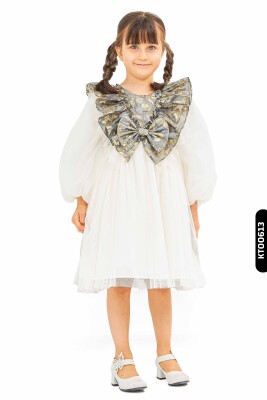 Mendil Kollu, Bohçalı, Ajurlu, Büzgülü, 2'li Kız Çocuk Elbise 1-5 Yaş 6517 Ekru - Gri - BELLADONNA