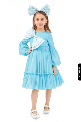 Fırfırlı Bohçalı Mendil Balon Kollu O Yakalı Kız Çocuk Elbise 1-5 Yaş 6514 Mavi - BELLADONNA