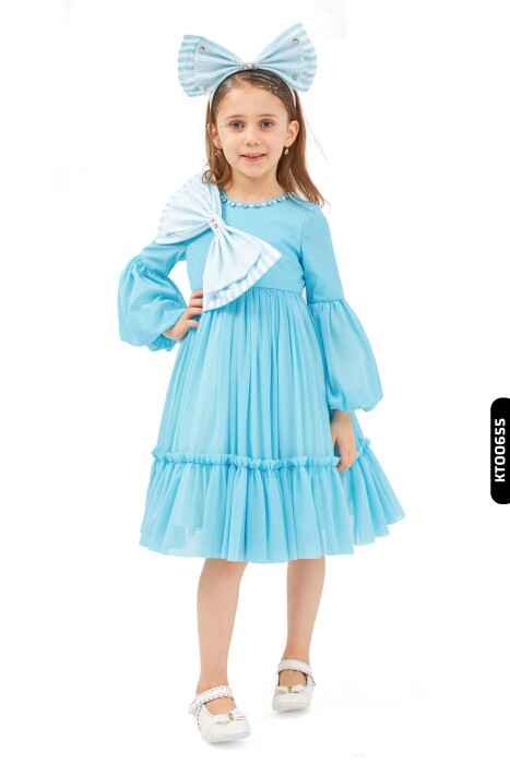 Fırfırlı Bohçalı Mendil Balon Kollu O Yakalı Kız Çocuk Elbise 1-5 Yaş 6514 Mavi - 1