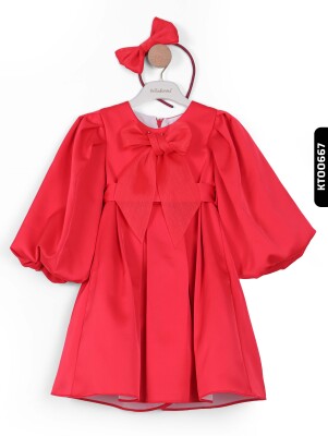 Bohçalı Büzgülü Kollu Katlanmış 2'li Kız Çocuk Elbise 4-12 Yaş 6653 Kırmızı - 3