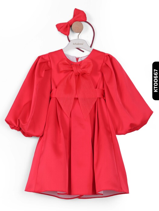 Bohçalı Büzgülü Kollu Katlanmış 2'li Kız Çocuk Elbise 4-12 Yaş 6653 Kırmızı - 3