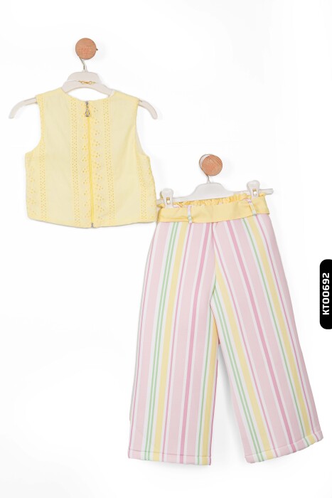 Kolsuzlu Ajurlu O Yakalı Asterlı Kız Çocuk Geniş Paçalı Alt Üst Takım 4-12 Yaş 6303 Sarı - 2