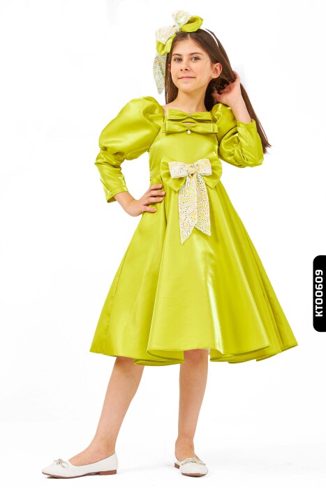 Bohçalı Balon Kollu 2'li Kız Çocuk Elbise 6-14 Yaş 6567 Yeşil - 2