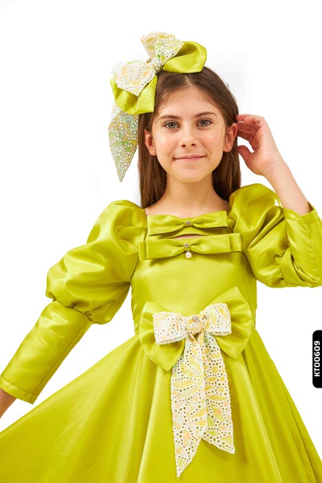 Bohçalı Balon Kollu 2'li Kız Çocuk Elbise 6-14 Yaş 6567 Yeşil - 3