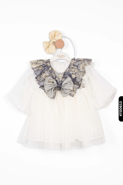 Mendil Kollu, Bohçalı, Ajurlu, Büzgülü, 2'li Kız Çocuk Elbise 1-5 Yaş 6517 Ekru - Gri - 2