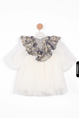 Mendil Kollu, Bohçalı, Ajurlu, Büzgülü, 2'li Kız Çocuk Elbise 1-5 Yaş 6517 Ekru - Gri - 3