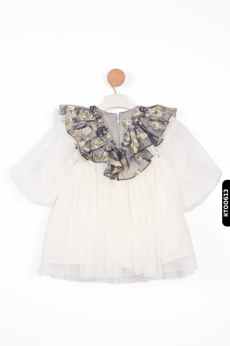 Mendil Kollu, Bohçalı, Ajurlu, Büzgülü, 2'li Kız Çocuk Elbise 1-5 Yaş 6517 Ekru - Gri - 3