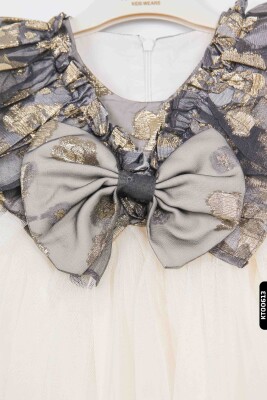 Mendil Kollu, Bohçalı, Ajurlu, Büzgülü, 2'li Kız Çocuk Elbise 1-5 Yaş 6517 Ekru - Gri - 4