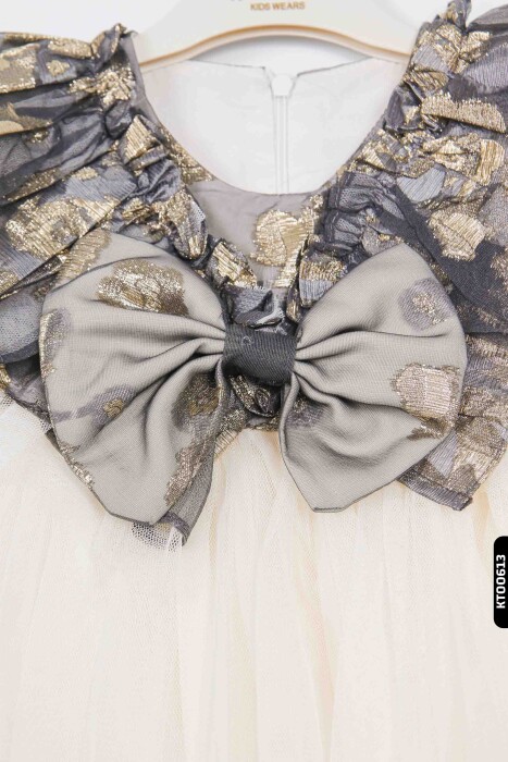 Mendil Kollu, Bohçalı, Ajurlu, Büzgülü, 2'li Kız Çocuk Elbise 1-5 Yaş 6517 Ekru - Gri - 4
