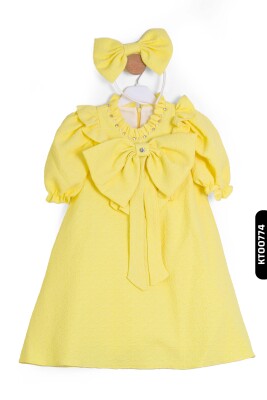 Bohçalı Büzgü yarım Kollu Fular Yakalı Merserizeli Kız Çocuk Elbise 4-12 Yaş 6636,1 Sarı - BELLADONNA
