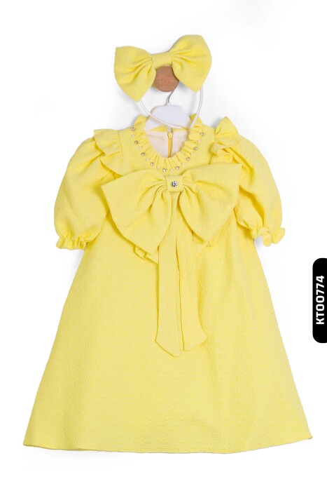 Bohçalı Büzgü yarım Kollu Fular Yakalı Merserizeli Kız Çocuk Elbise 4-12 Yaş 6636,1 Sarı - 1