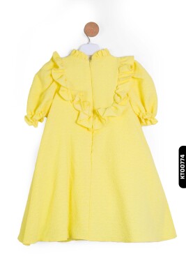 Bohçalı Büzgü yarım Kollu Fular Yakalı Merserizeli Kız Çocuk Elbise 4-12 Yaş 6636,1 Sarı - 2