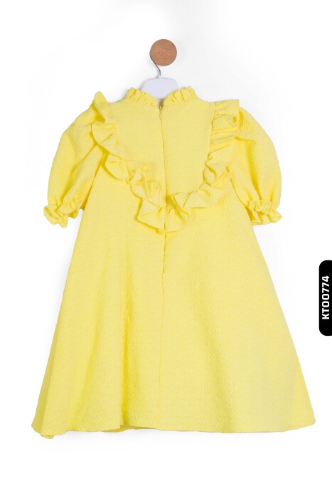 Bohçalı Büzgü yarım Kollu Fular Yakalı Merserizeli Kız Çocuk Elbise 4-12 Yaş 6636,1 Sarı - 2