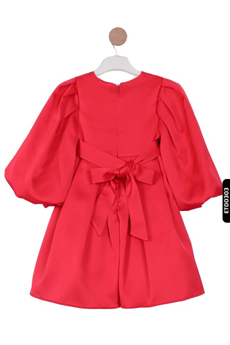 Bohçalı Büzgülü Kollu Katlanmış 2'li Kız Çocuk Elbise 4-12 Yaş 6653 Kırmızı - 4