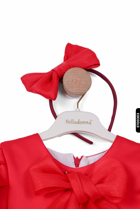 Bohçalı Büzgülü Kollu Katlanmış 2'li Kız Çocuk Elbise 4-12 Yaş 6653 Kırmızı - 6