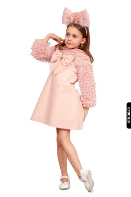 Büzgülü Kollu Bohçalı Palyaço Yakalı A-Line Formu Kız Çocuk Elbise 3-10 Yaş 6539 Somon - 2