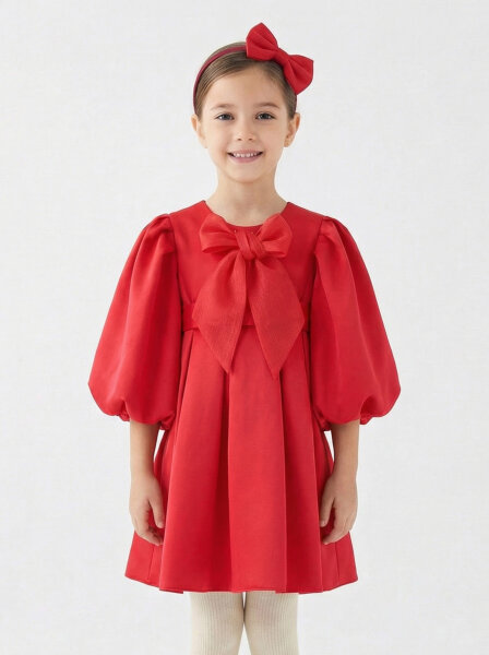 Bohçalı Büzgülü Kollu Katlanmış 2'li Kız Çocuk Elbise 4-12 Yaş 6653 Kırmızı - BELLADONNA