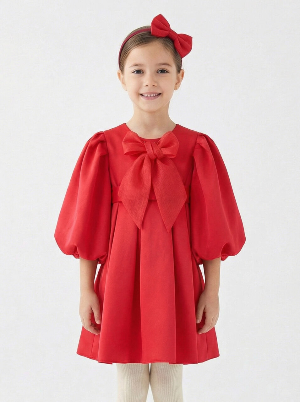 Bohçalı Büzgülü Kollu Katlanmış 2'li Kız Çocuk Elbise 4-12 Yaş 6653 Kırmızı - 1