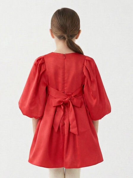 Bohçalı Büzgülü Kollu Katlanmış 2'li Kız Çocuk Elbise 4-12 Yaş 6653 Kırmızı - 2