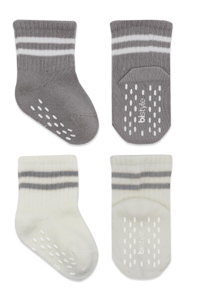 Bistyle 2li Çemberli Kaymaz Soket Çorap 10125 Gri Ekru - 2