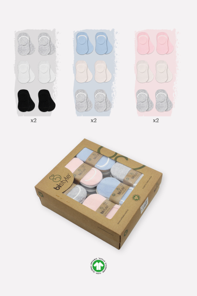 Bistyle 6'Lı Silikonlu Babet Penye Çorap 30101 Pembe Ekru Gri - 4