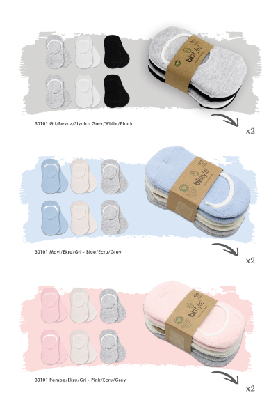 Bistyle 6'Lı Silikonlu Babet Penye Çorap 30101 Mavi Ekru Gri - 2