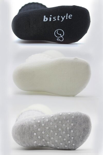 جوارب قطنية أساسية مانعة للانزلاق من بايستايل، عبوة من 3 قطع، لون أسود، بيج، رمادي - 5